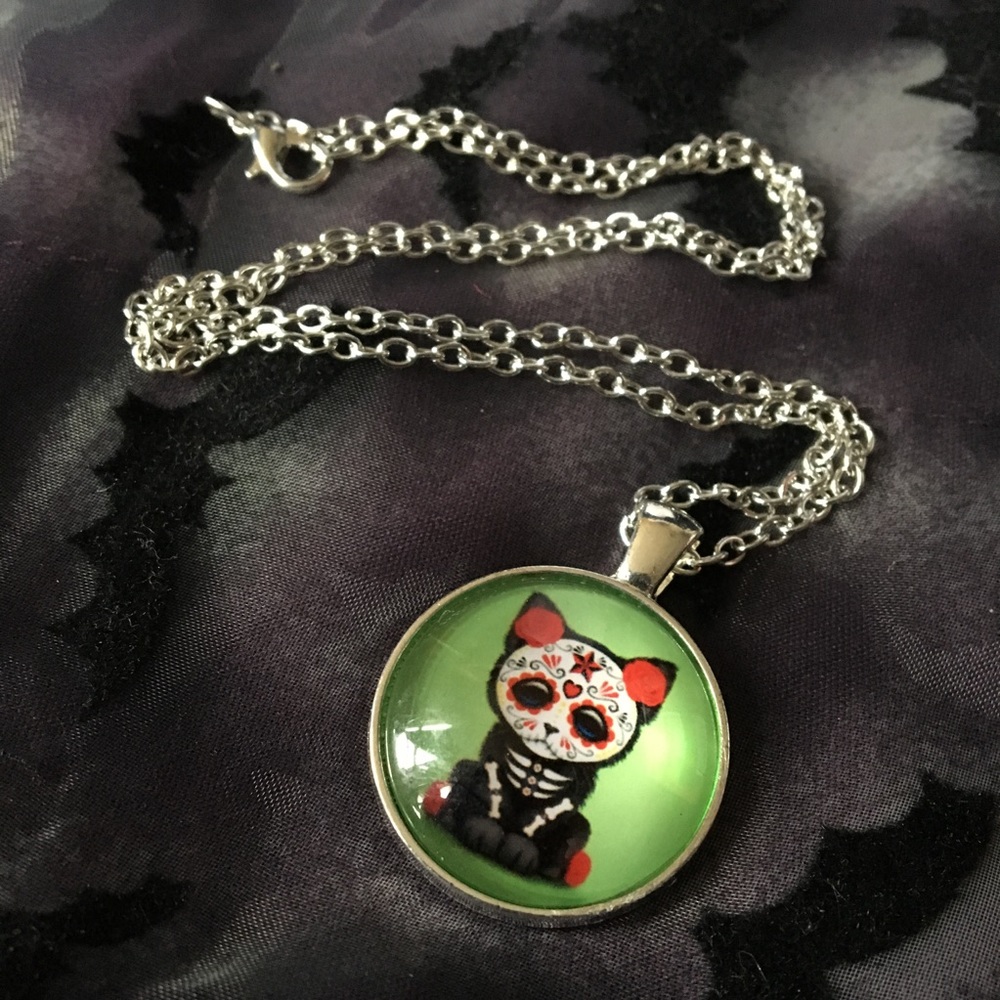Sugar Skull Cat Glass Dome Necklace